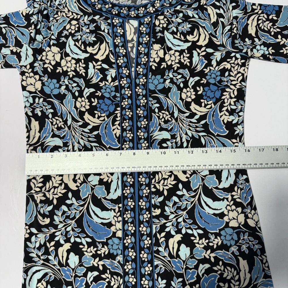 BCBGMAXAZRIA Blue Floral Keyhole Shift Dress XS Black 3/4 Sleeve Jersey Knit - Picture 6 of 13